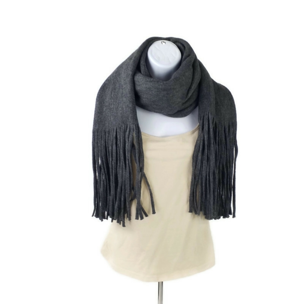 Lucky Brand Solid Dark Gray Brushed Polyester Blend Fringed Scarf Unisex NWT